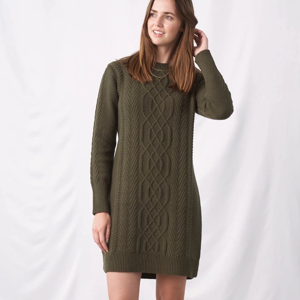 United by Blue Sweater Dress, Chunky Cable Knit Recycled Cotton in Forest Green